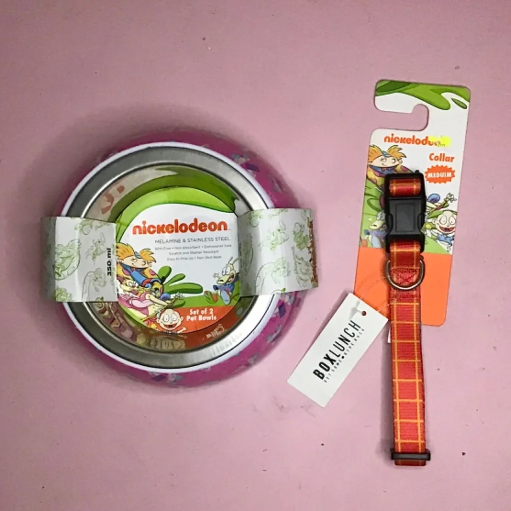 NICKELODEON Hey Arnold! Plaid Collar & Dog Bowl Set